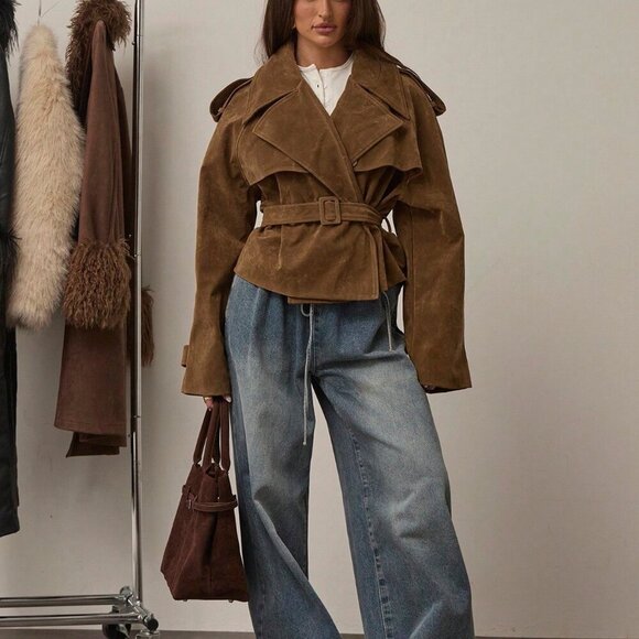 Brown Women's Casual faux Suede Long-Sleeve Belted mini Trench Coat - Picture 5 of 8